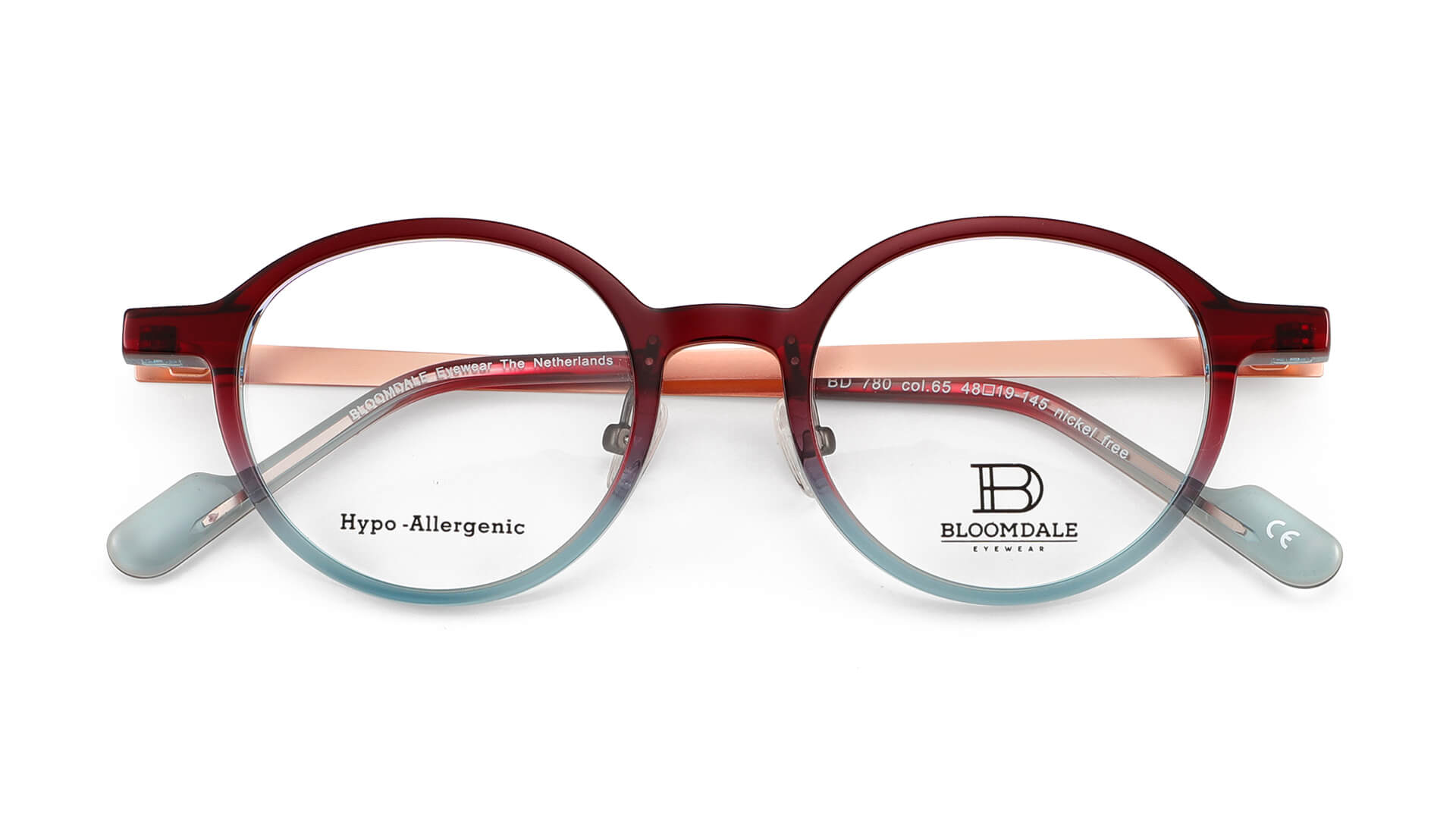Bloomdale Eyewear bril B780-65 kleur rood met blauw en rose goud
